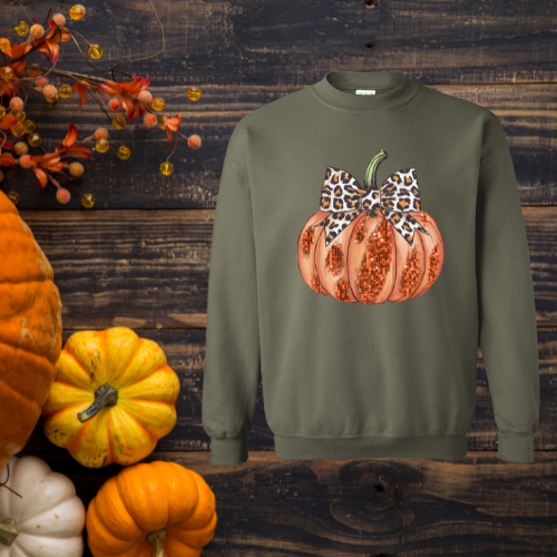 Leopard Bow Glitter Pumpkin Crewneck