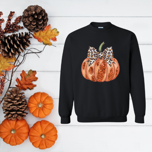 Leopard Bow Glitter Pumpkin Crewneck