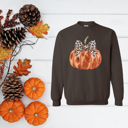 Leopard Bow Glitter Pumpkin Crewneck