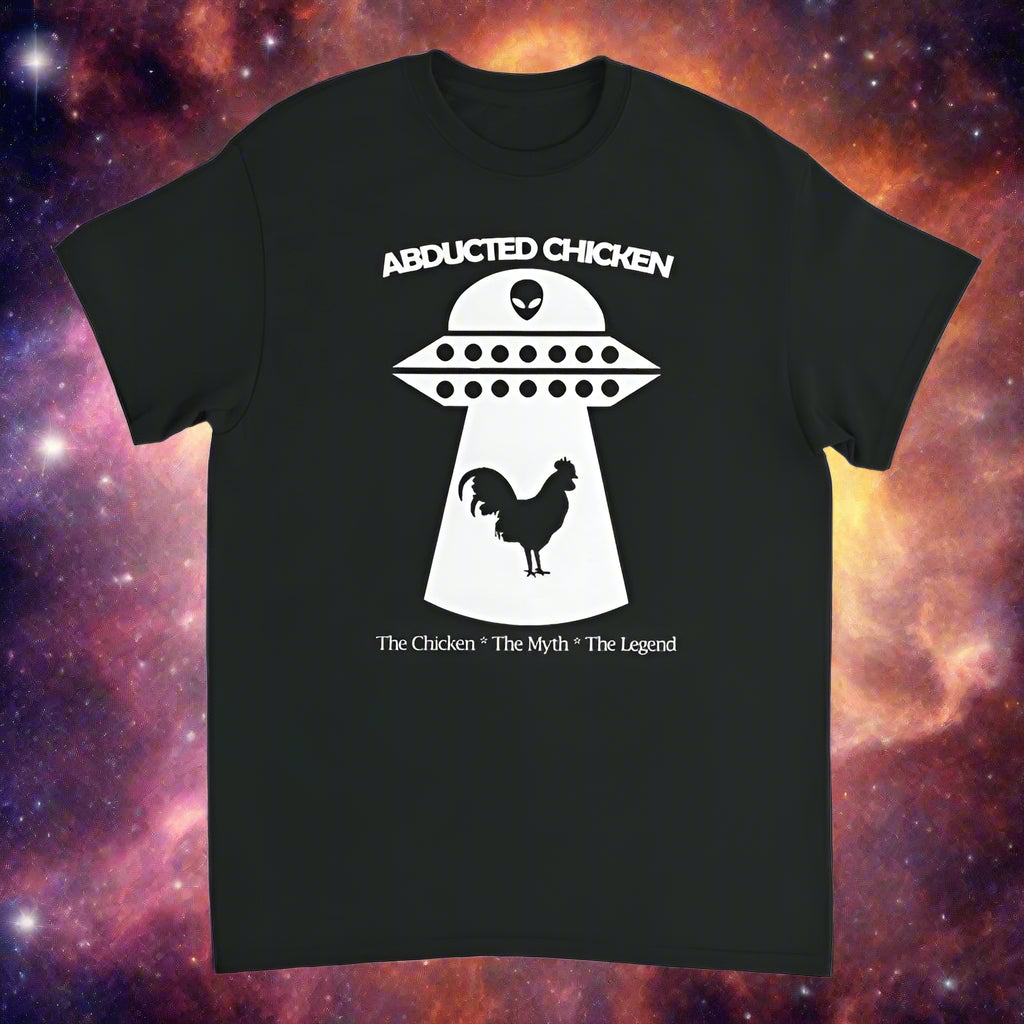 Abducted Chicken T-Shirt – Funny UFO alien abduction graphic with chicken silhouette on black unisex tee