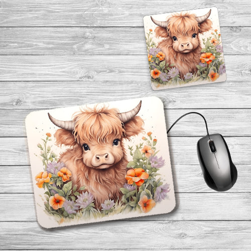 Highland Cow Mousepad/Coaster Combo Gift Set