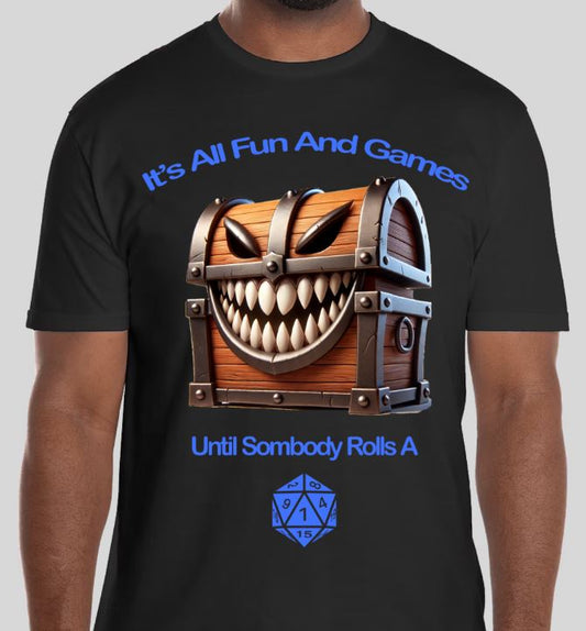 "All Fun and Games" Mimic Chest T-Shirt by Pancake Cat